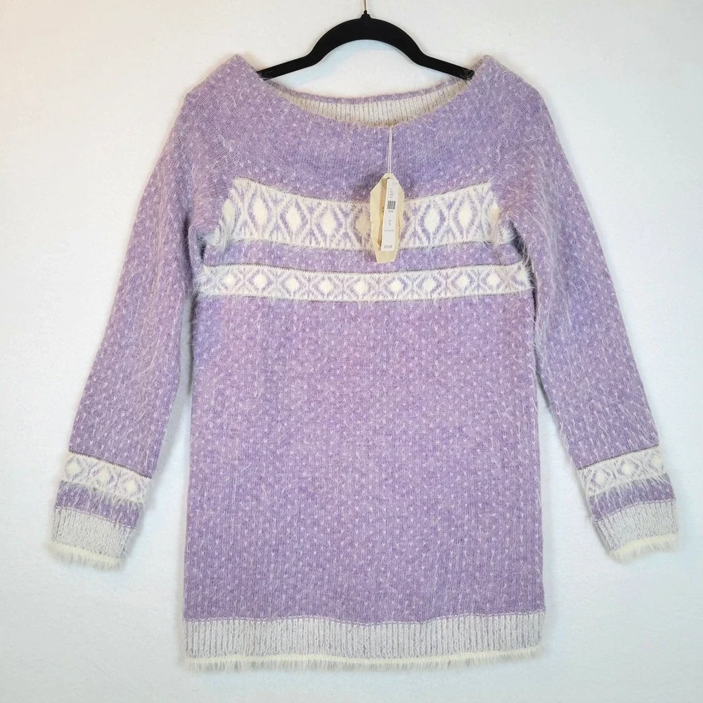 Sleeping on Snow Womens Fair Isle Knit Wool Eyelash Sweater Size Small Purple - Picture 1 of 11